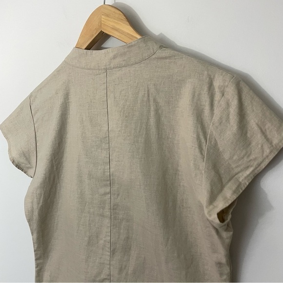 Atmosphere Button Front Crop Shirt Sz 12 Beige Linen Cotton Cap Sleeve Top - Picture 7 of 10